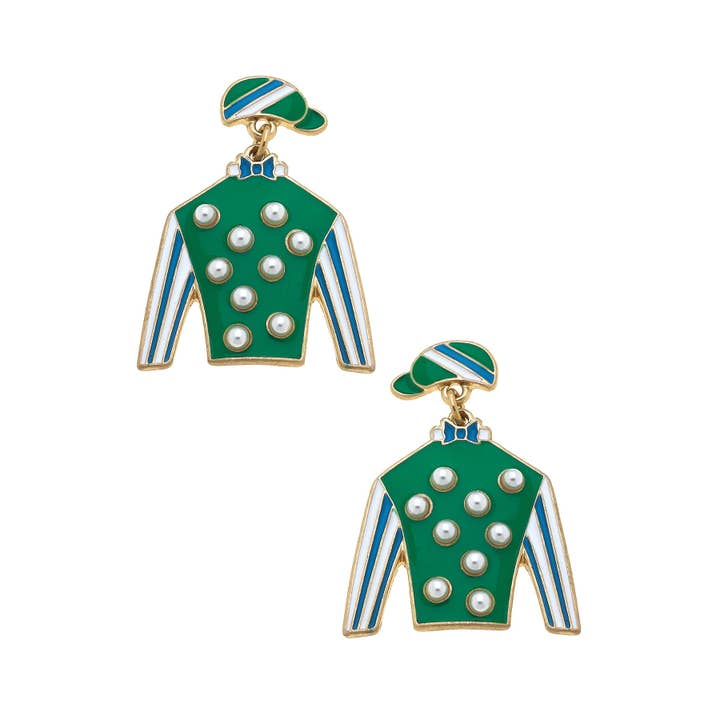 Freckles Jockey Silk Enamel Drop Earrings in Green & Blue