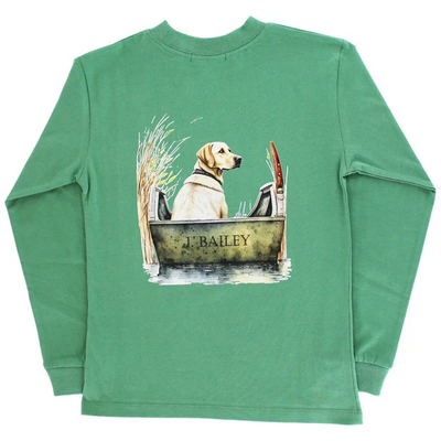 Boys Long Sleeve Logo Tee - Dog in Boat on Green