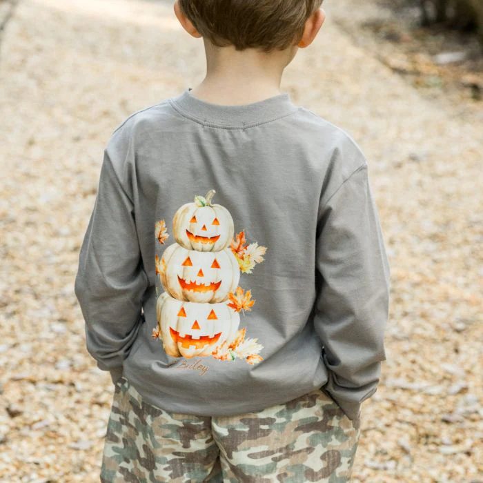 Boys Long Sleeve Logo Tee - Jack-O-Lantern on Grey