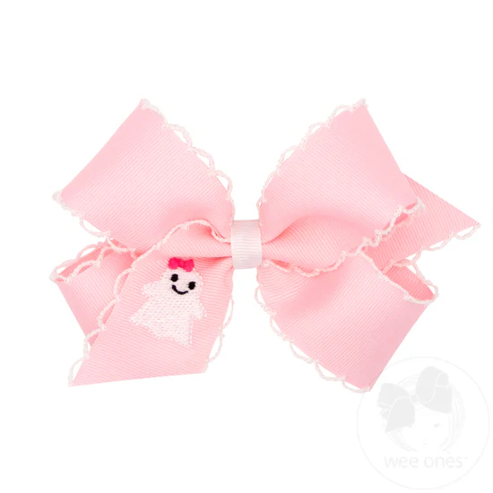 Grosgrain Hair Bow with Moonstitch Edge and Ghost Embroidery - Pink Ghost