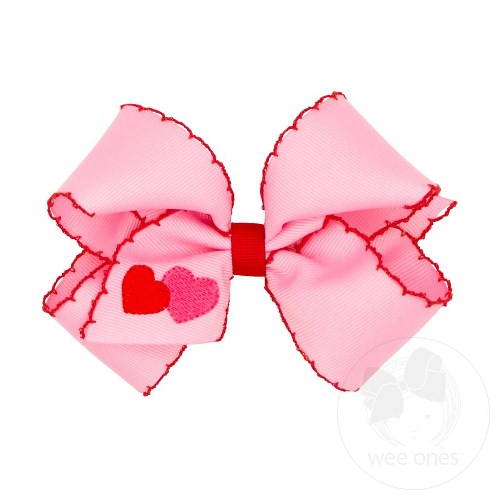 King Valentine Heart Embroidered Grosgrain Hair Bow with Moonstitch Edge