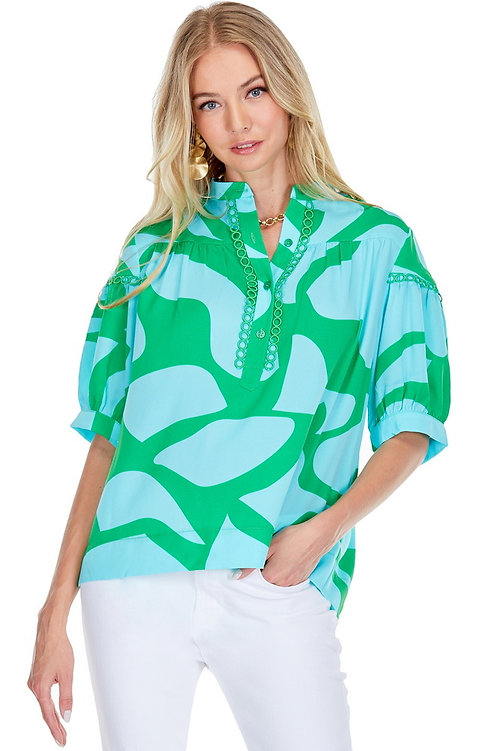 Loop Trim Placket Top - Aqua Arial