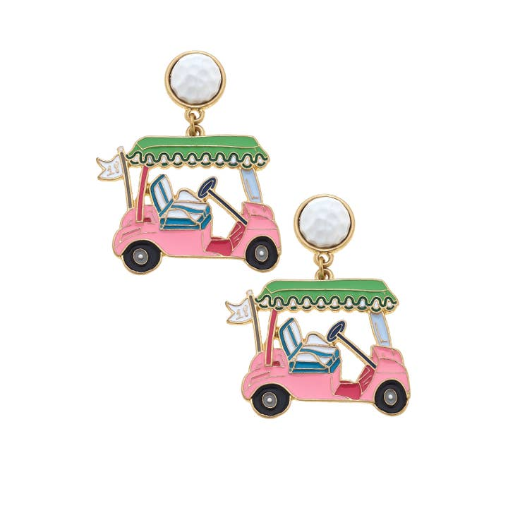 Carting Around Enamel Golf Cart Earrings in Pink & Green