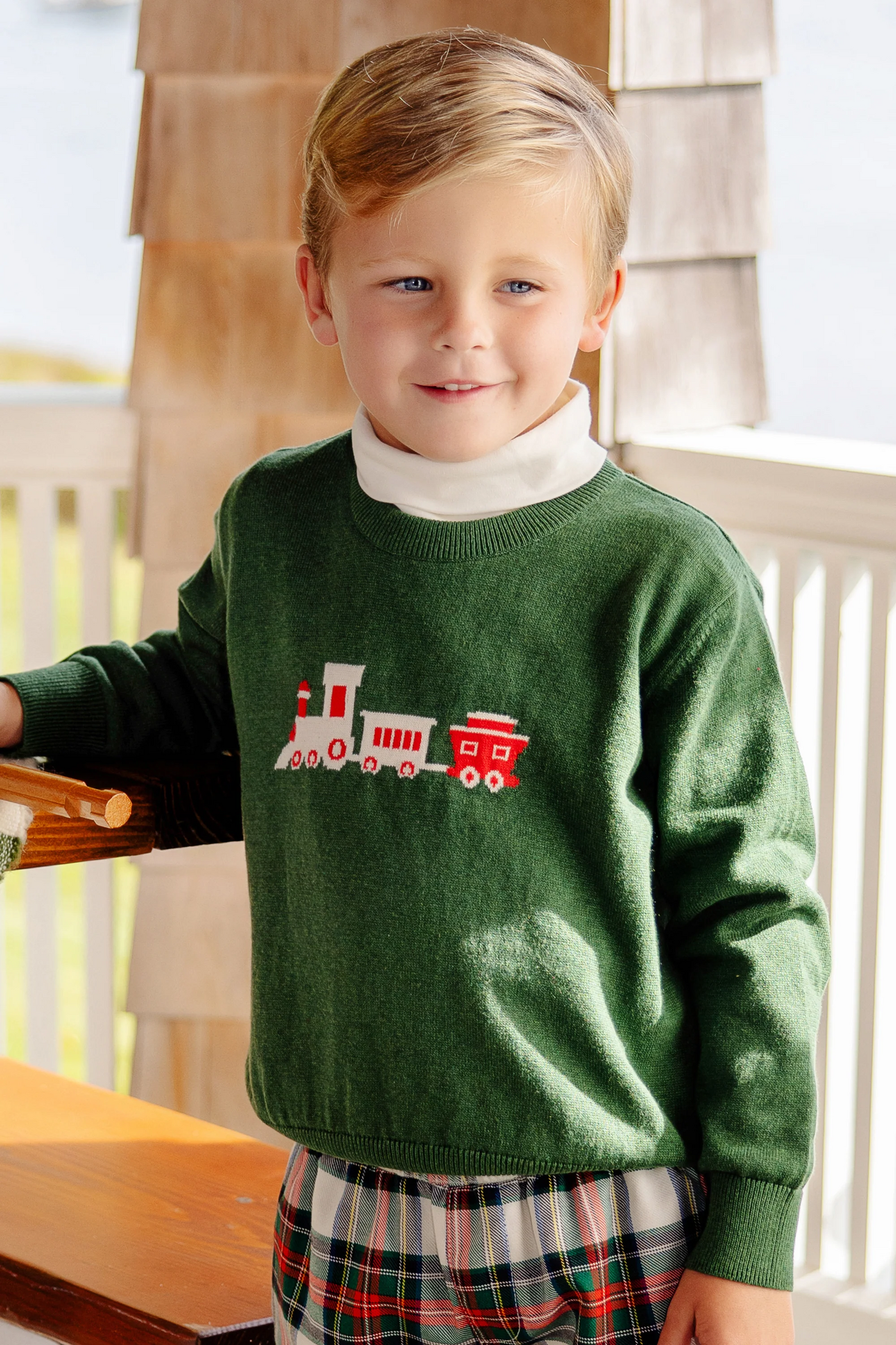 Isaac's Intarsia Sweater Grier Green with Train Intarsia