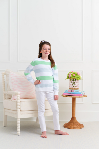 Cissy Sweater Buckhead Blue, Worth Avenue White, and Grace Bay Green Stripe with Worth Avenue White Stork