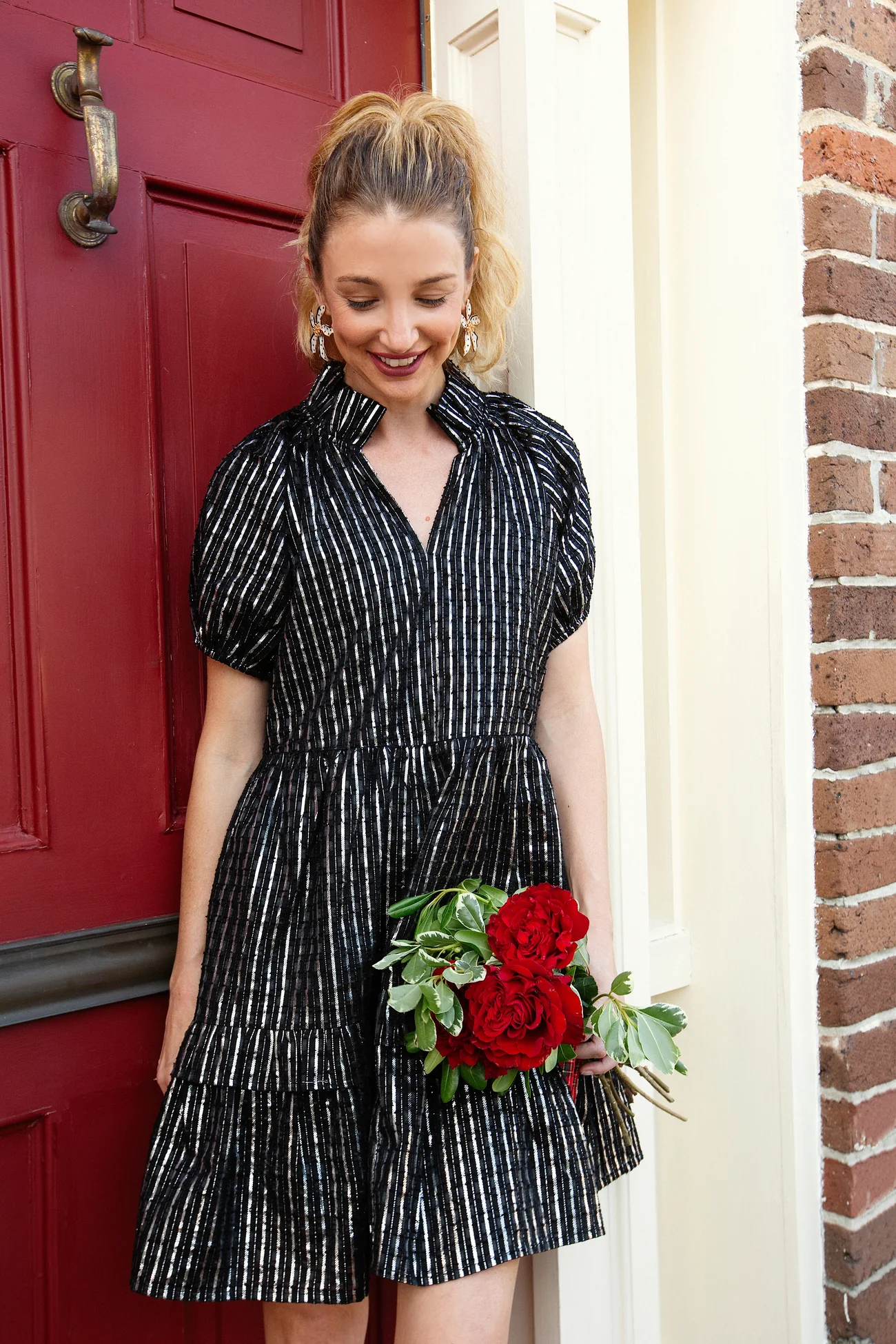 Ramsey Dress in Black Clipped Metallic Silver Stripe