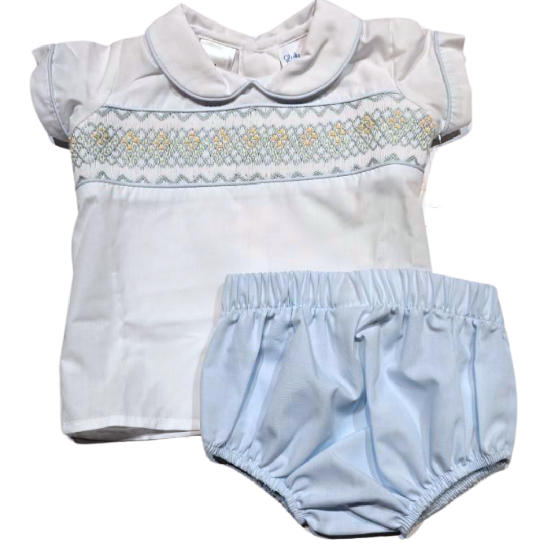 Geometric Blue/Mint/Yellow Smocked Champ Diaper Set