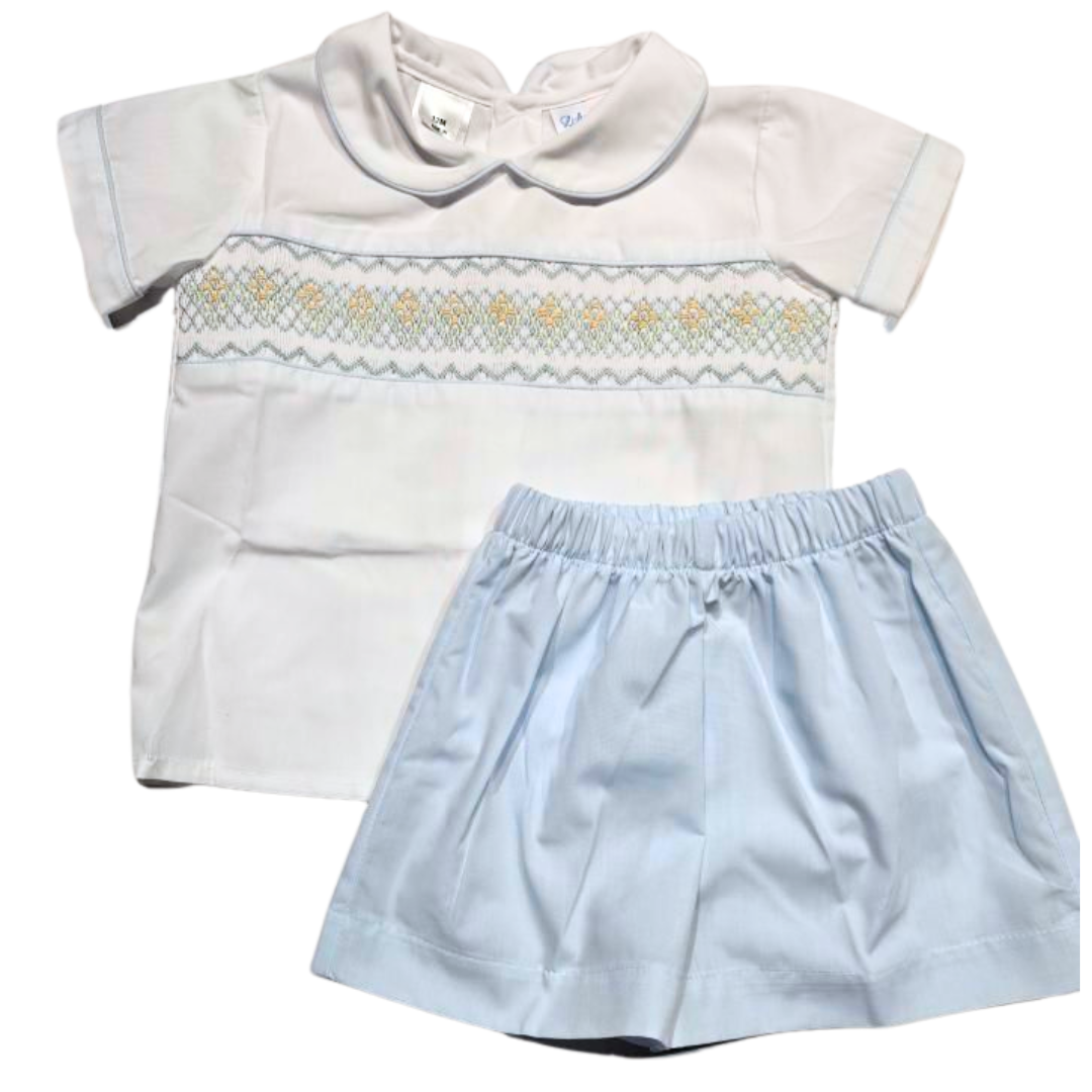 Geometric Blue/Mint/Yellow Smocked Drew Short Set