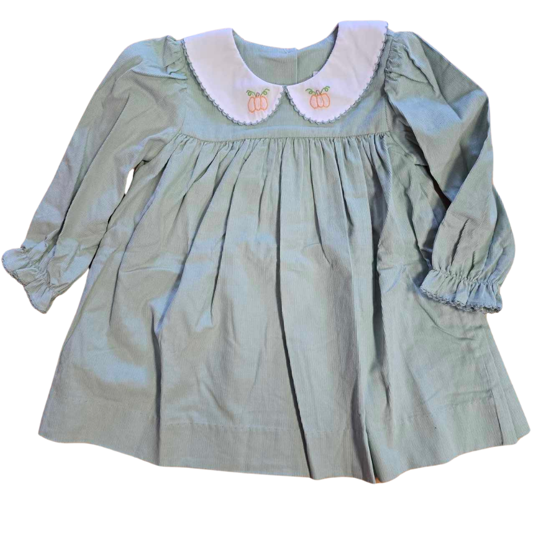 Sage Cord Dress with Pumpkin Embroidered Collar