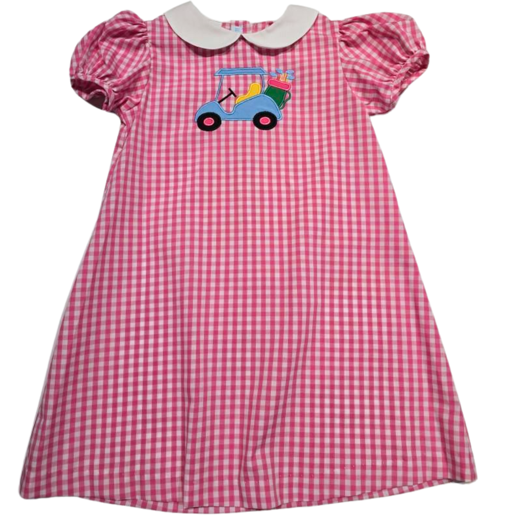 Golf Cart Applique Pink Check Dress