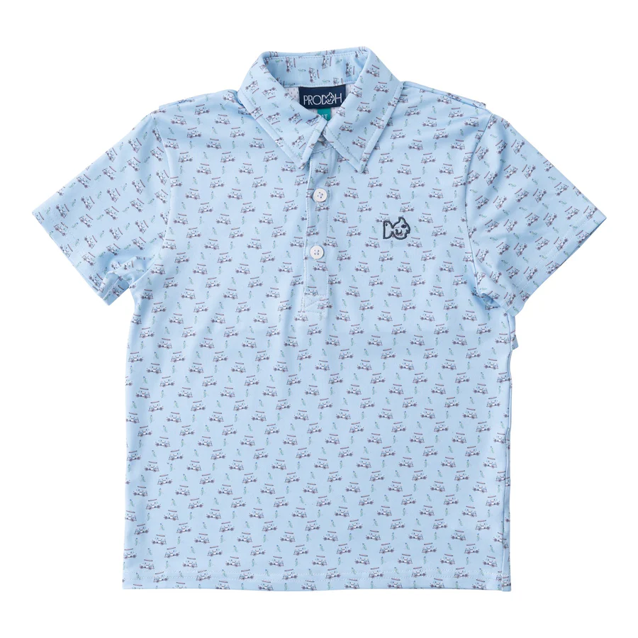 BOYS' SHORT SLEEVE PRO PERFORMANCE POLO IN POWDER BLUE GOLF CART PRINT