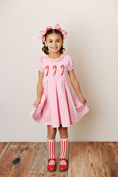 CANDY CANE EMBROIDERED PLEAT DRESS