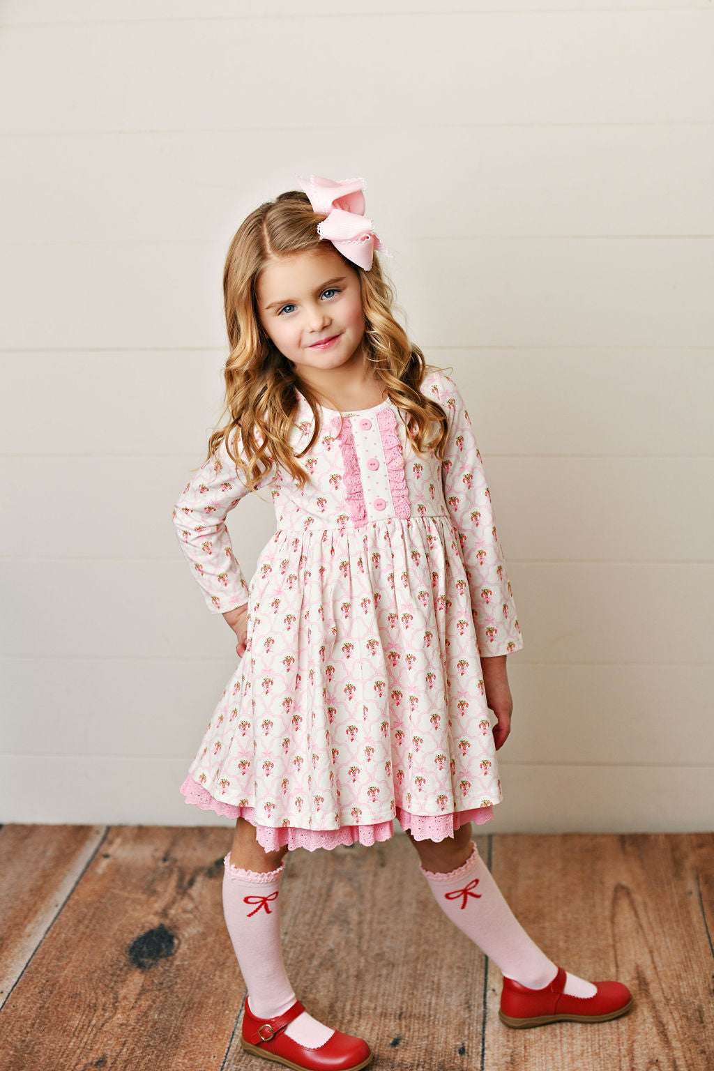 SCALLOPED CANDY CANE BLISS EYELET TRIM DRESS