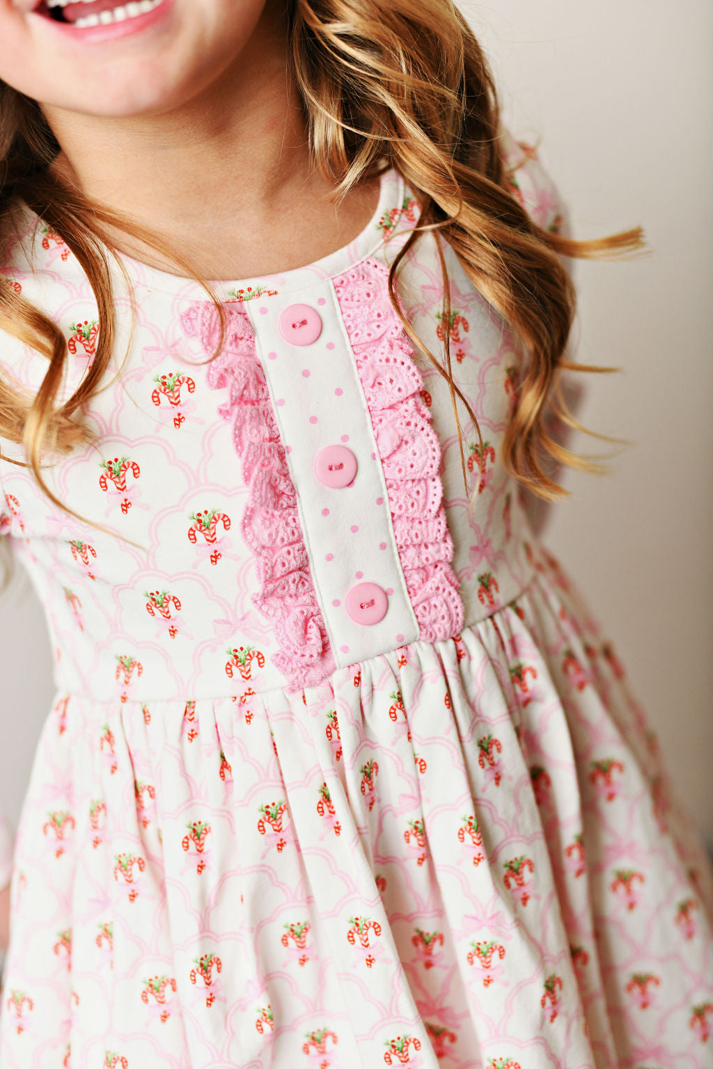 SCALLOPED CANDY CANE BLISS EYELET TRIM DRESS