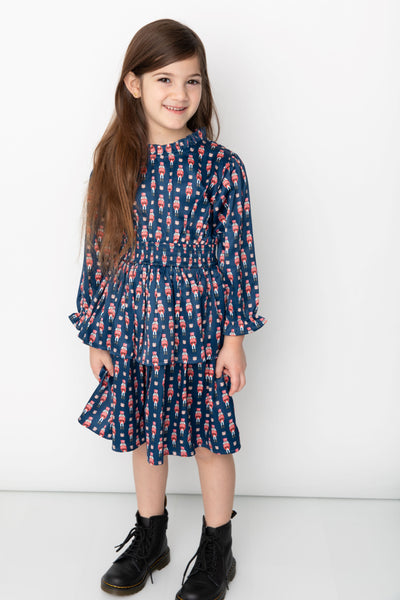 Smocked Waist Tiered Dress - Nutcrackers Midnight