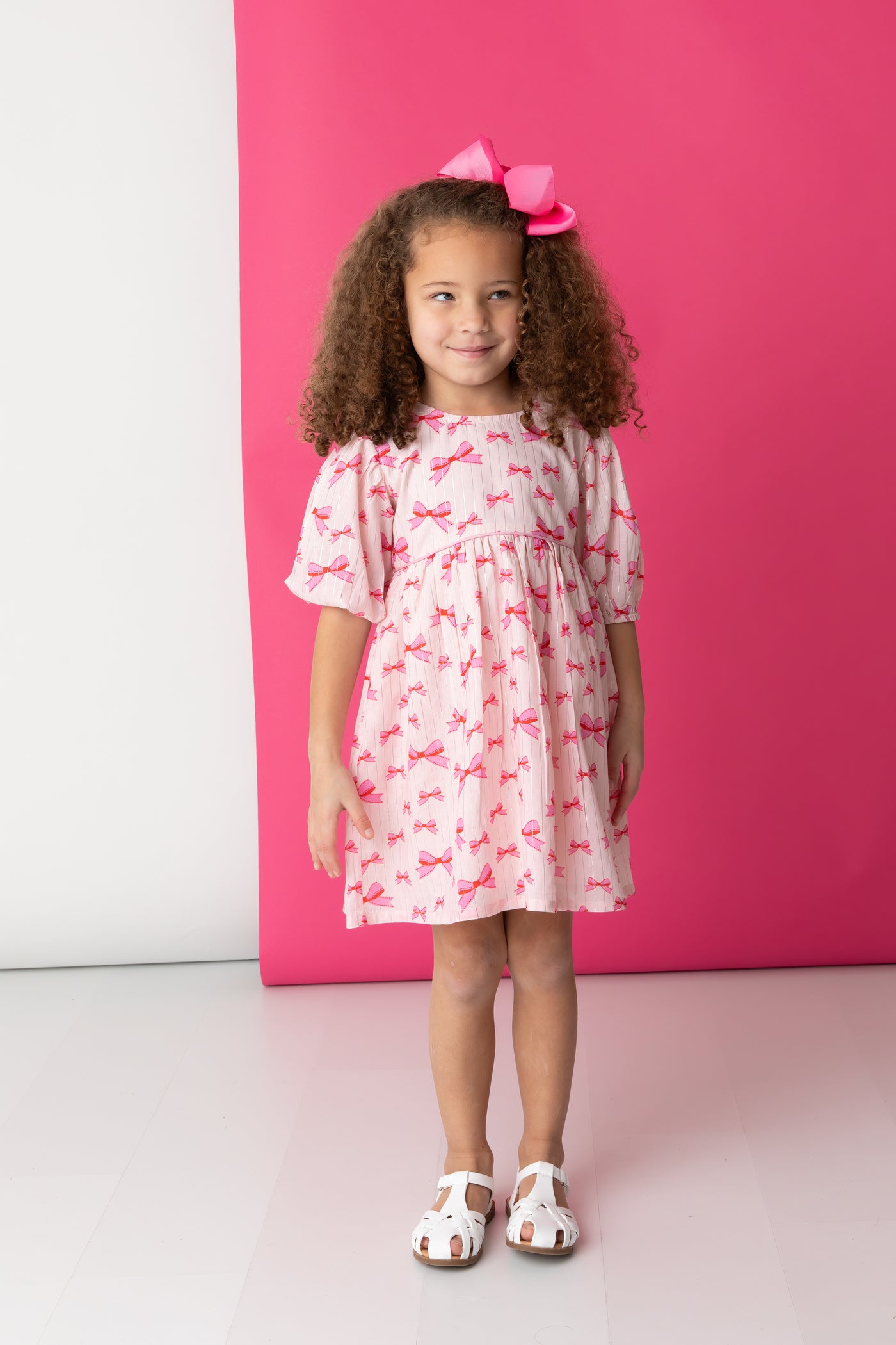 Puff Sleeve Dress - Pink Bows