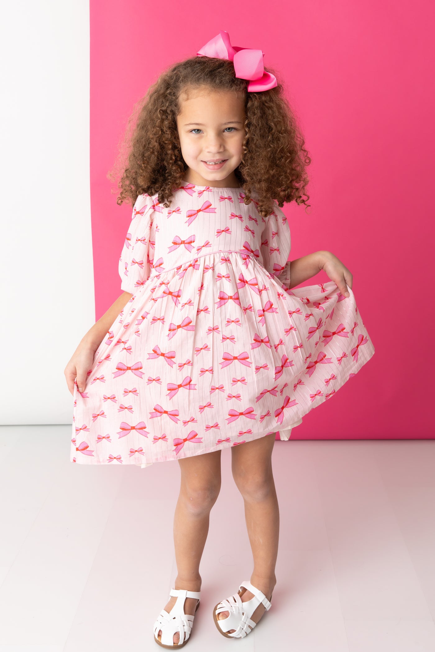 Puff Sleeve Dress - Pink Bows