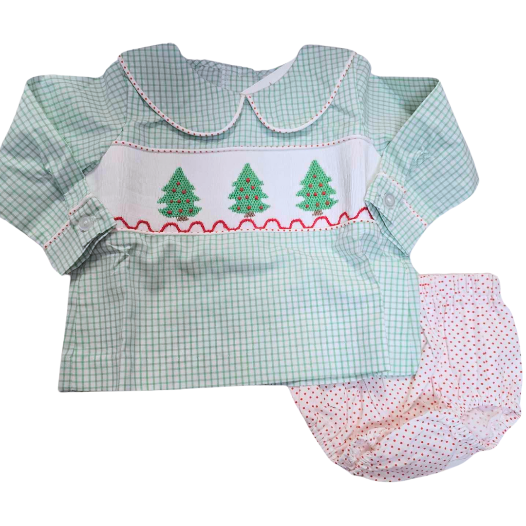 Christmas Tree Smocked Boy's Bloomer Set