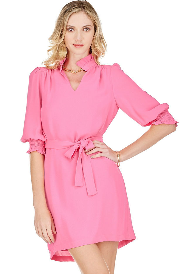 Ruffle Vneck Dress with Tie - Pink