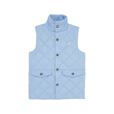 Vaughn Vest Beale Street Blue with Keeneland Khaki Stripe Lining with Brass Snaps & Multicolor Stork