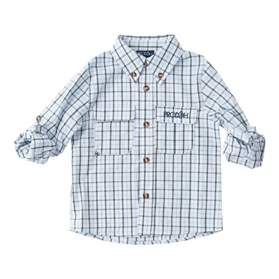 Founders Kids Fishing Shirt in Posy Green Powder Blue Windowpane