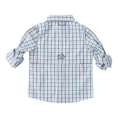 Founders Kids Fishing Shirt in Posy Green Powder Blue Windowpane