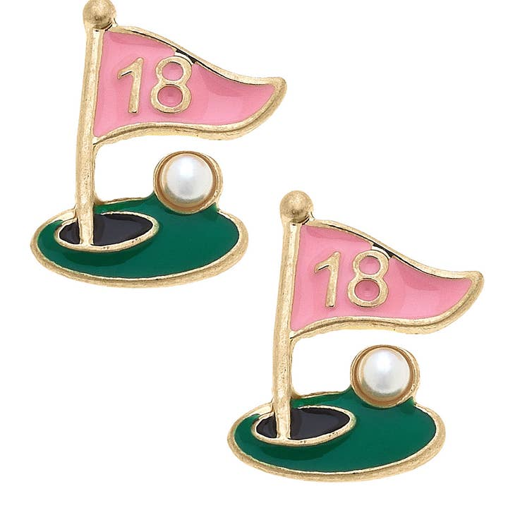 Albatross 18th Hole Enamel Stud Earrings in Pink & Green