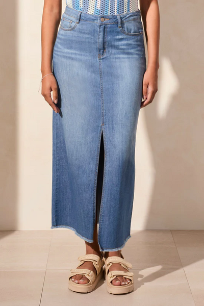 Full Length Slit-Accent Denim Skirt