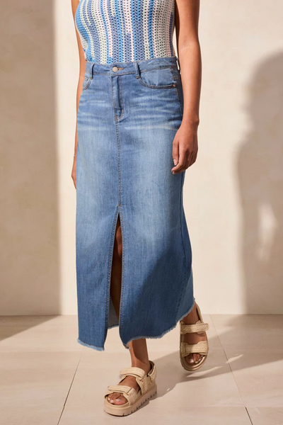 Full Length Slit-Accent Denim Skirt