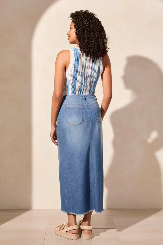 Full Length Slit-Accent Denim Skirt