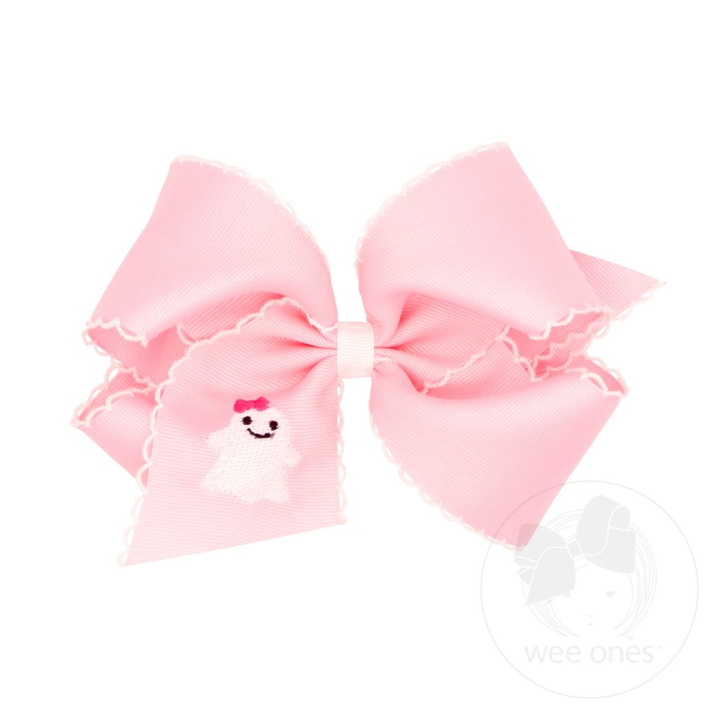 Grosgrain Hair Bow with Moonstitch Edge and Ghost Embroidery - Pink Ghost