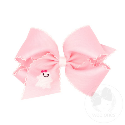 Grosgrain Hair Bow with Moonstitch Edge and Ghost Embroidery - Pink Ghost